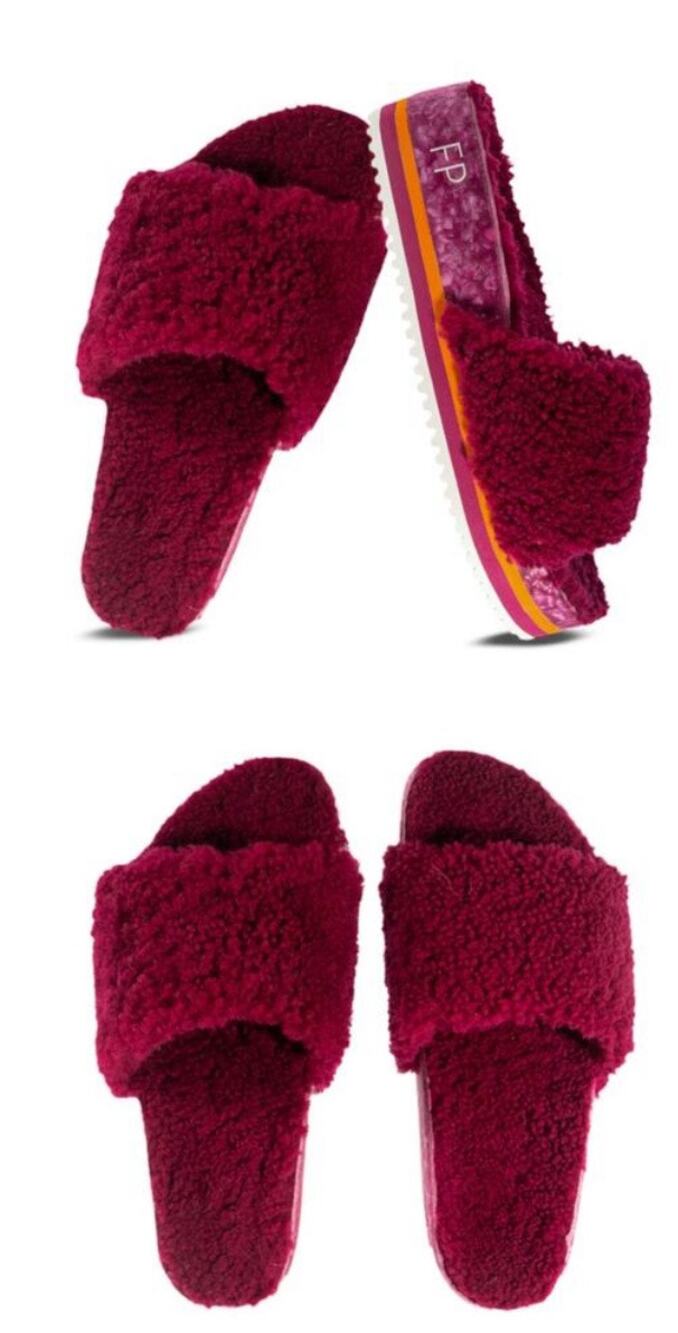 Free People FP Fleks Cito Shearling Slide Sandals Burgundy Plush Women’s 7–7.5